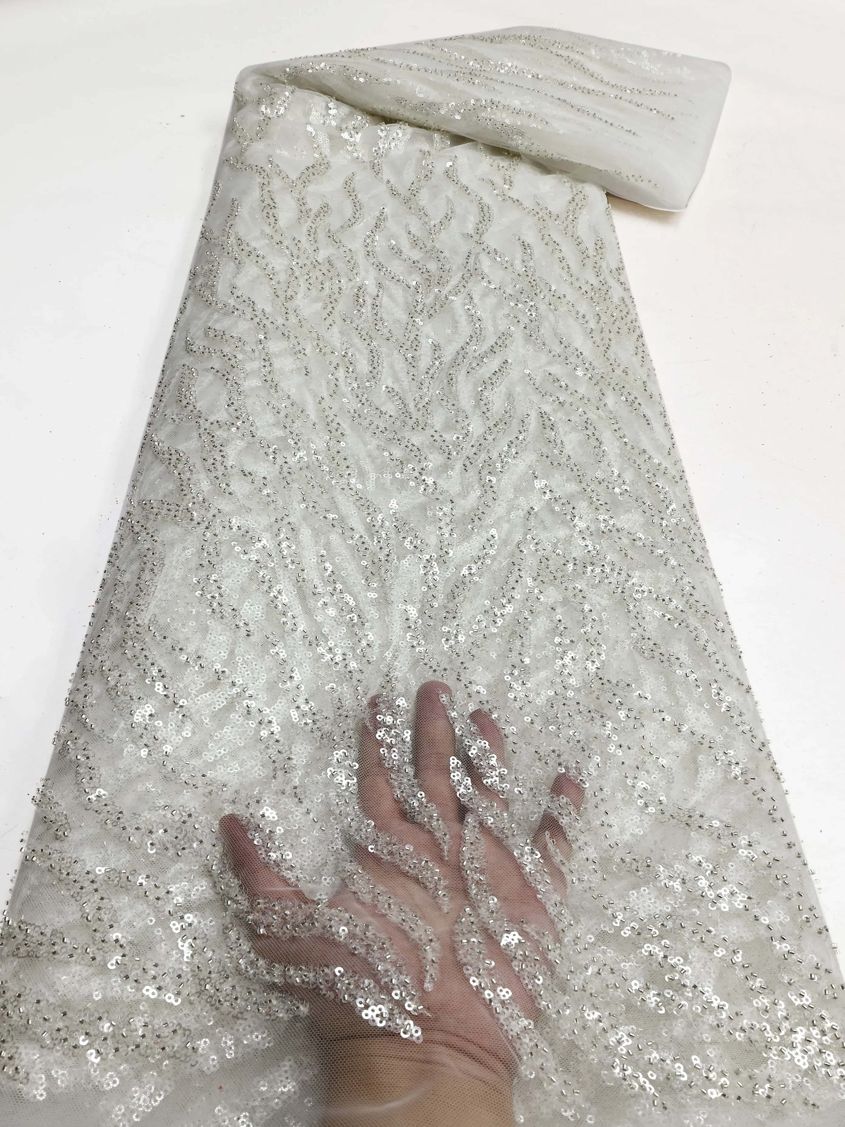 Color: PURPLE, length: 5 yards, Width: 120cm - PGC White Beaded Tulle African Lace Fabric Sewing 2024 Swiss Mesh Sequins High Quality Lace Fabrics for Luxury Wedding