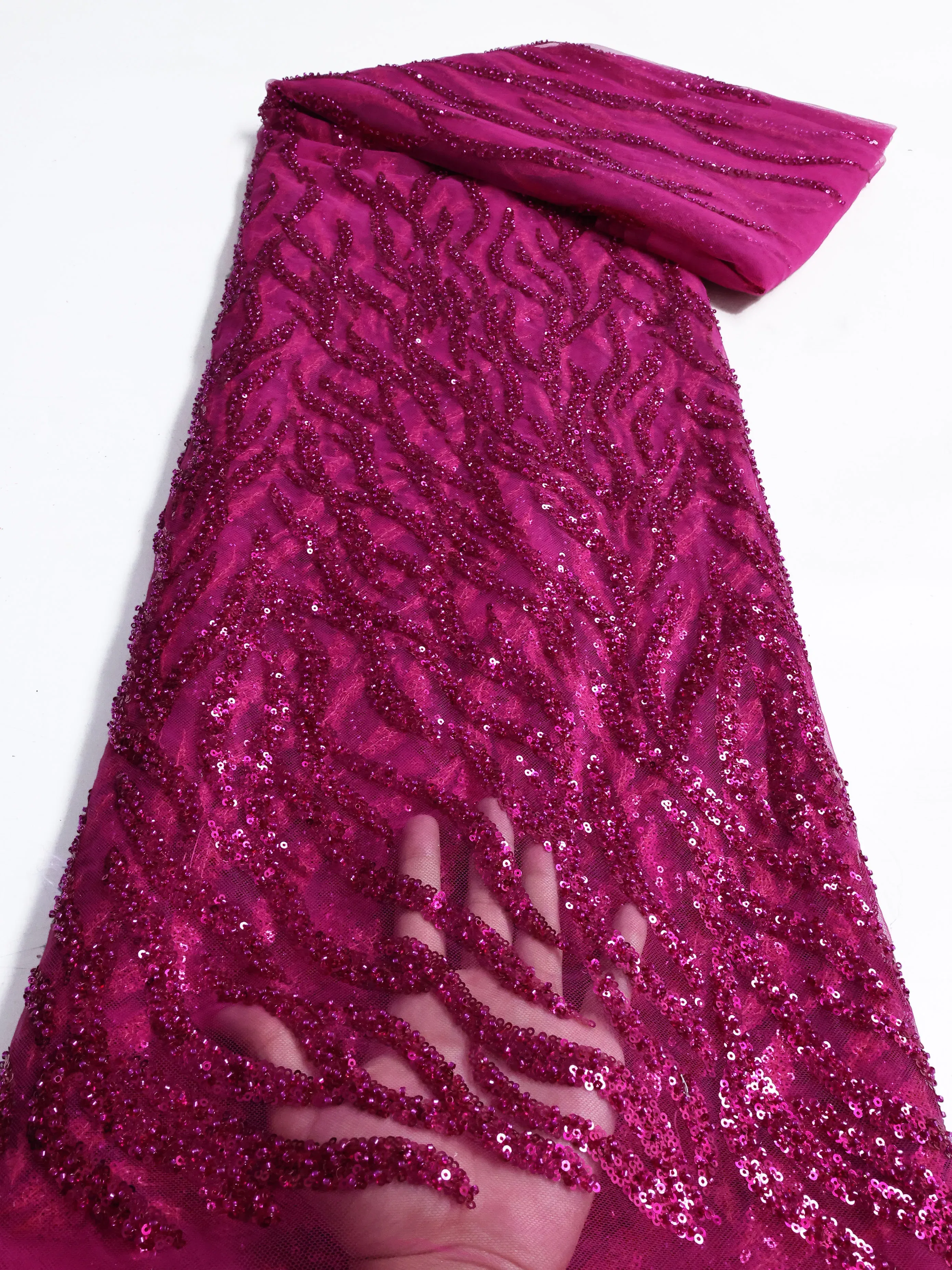 Color: PURPLE, length: 5 yards, Width: 120cm - PGC White Beaded Tulle African Lace Fabric Sewing 2024 Swiss Mesh Sequins High Quality Lace Fabrics for Luxury Wedding