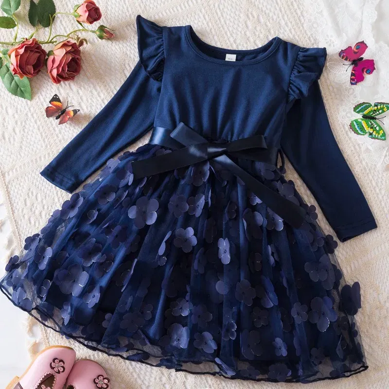 Color: Dark Green, Size: One Size, Height: 158 - Lilo Stitch Girl Baby Dresses Spring Autumn Child Long Sleeve Sweet Princess Dress Mesh Newborn Casual Dress Birthday Party 2-6Y