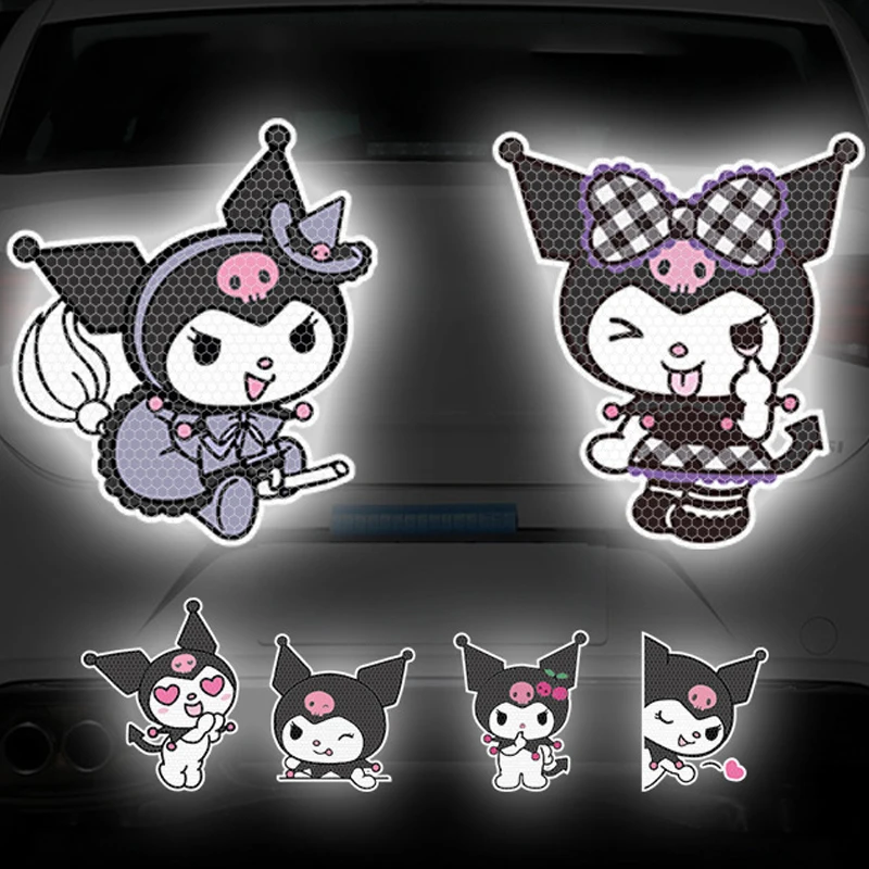 Color: Green - Anime Kuromi Hellokitty Car Sticker Reflective Warning Safety Tape Anti Collision Reflective Sticker Car Accessories