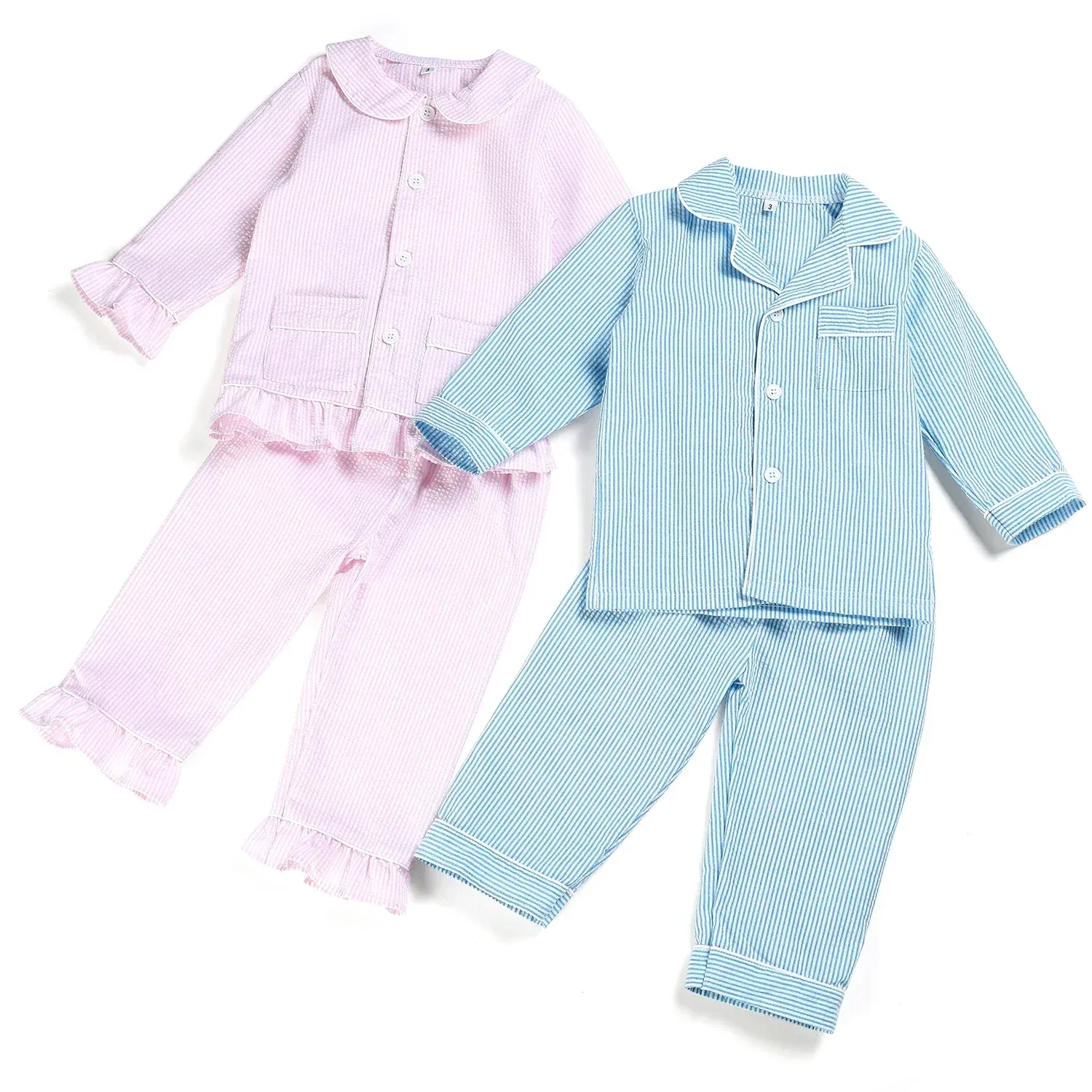 Color: army green, Ships From: CHINA, Kid Size: 4T - Ruffkids 100% Cotton Summer Kids Pajamas Sleepwear Seersucker Striped Matching Pjs Boys Clothes Loungewear Girls Pyjamas Set