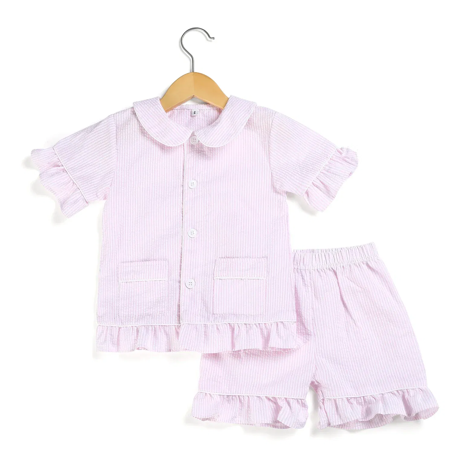 Color: army green, Ships From: CHINA, Kid Size: 4T - Ruffkids 100% Cotton Summer Kids Pajamas Sleepwear Seersucker Striped Matching Pjs Boys Clothes Loungewear Girls Pyjamas Set