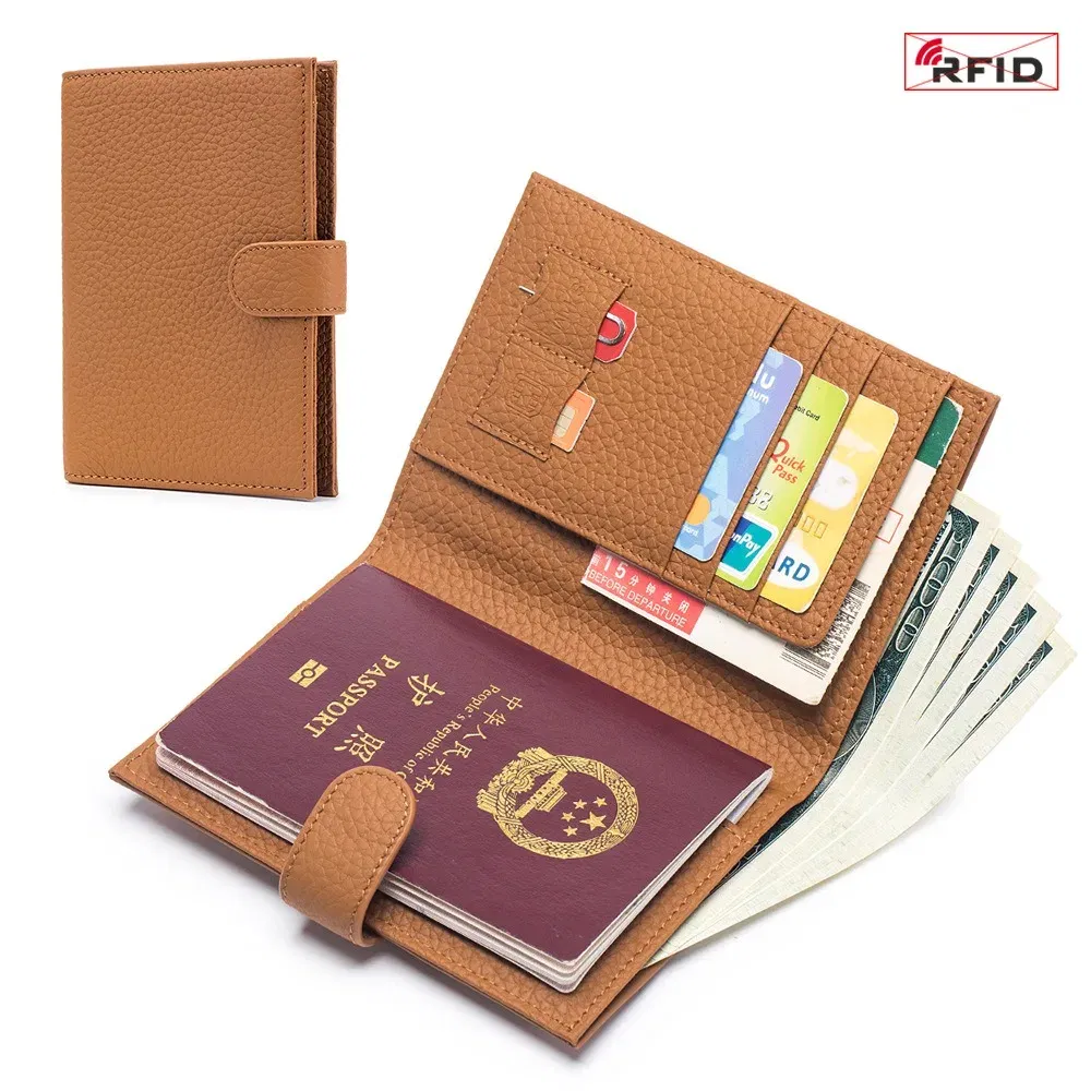 Color: Brown - Genuine Leather RFID Travel Passport Cover Case Wallet Bag Card Holder Cowhide Coin Purse Document Cover Flight Men Women