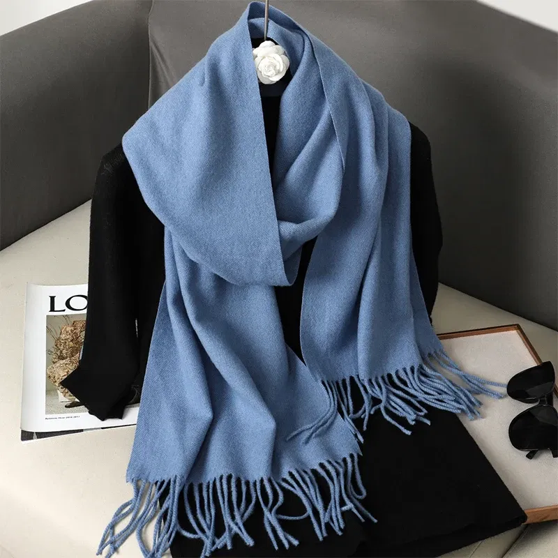 Color: PEACOCK BLUE - New 62 Color Winter Scarf For Women Long Warm Cashmere Scarves Hijab Solid Lady Shawl Wrap Female Pashmina Bandana Head Scarfs