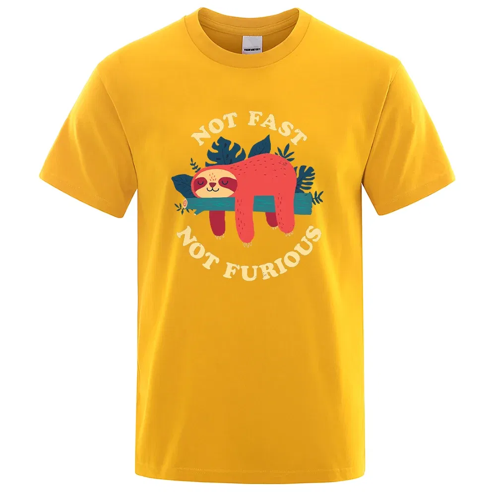 Color: Yellow, Size: XXL - Not Fast Not Furious Sloth Cute Print Men Tee Shirts Breathable Cotton Tops Street Fashion T-shirt Women Casual Summer T Shirts