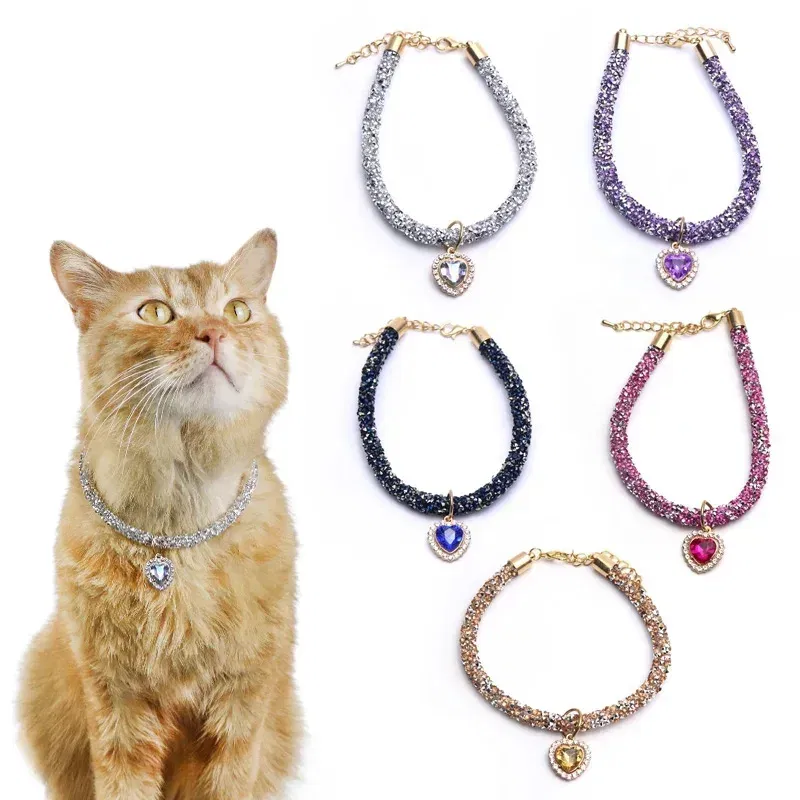 Color: Lavender, Size: M - Luxury Cat Collar with Heart Crystal Pendant Puppy Chihuahua Necklace Reflective Rhinestone Kitten Neck Strap Pets Accessories