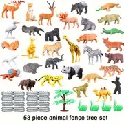 53pcs Mini Jungle Animal Figurines Set - Educational Puzzle & Playset with Fence and Trees for Birthday, Christmas, and Party Learning
