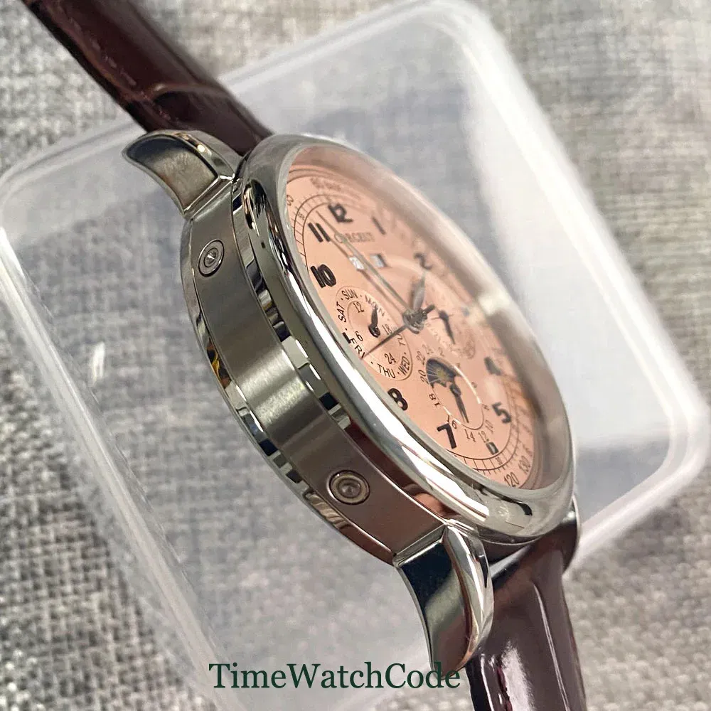 Color: grey - Corgeut 42mm Automatic Men's Watch Date Day Month Year Rose Gold Dial Multifunction 316L Leather Strap Polished Case Day Night