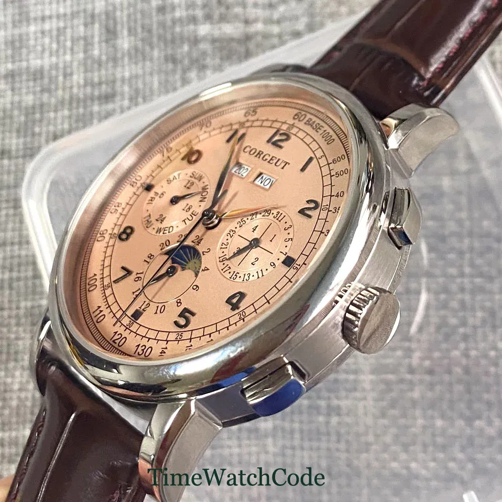 Color: grey - Corgeut 42mm Automatic Men's Watch Date Day Month Year Rose Gold Dial Multifunction 316L Leather Strap Polished Case Day Night