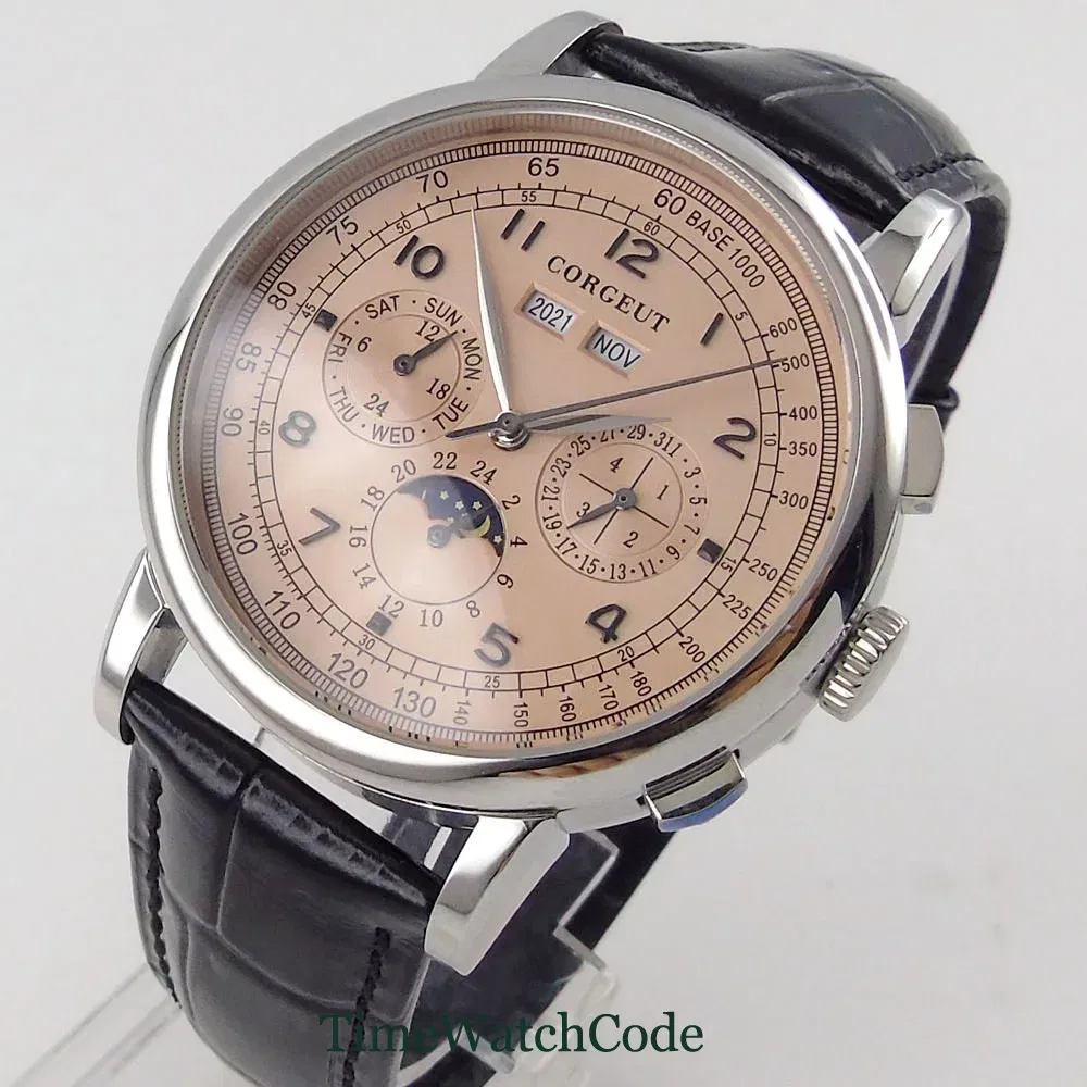 Color: grey - Corgeut 42mm Automatic Men's Watch Date Day Month Year Rose Gold Dial Multifunction 316L Leather Strap Polished Case Day Night