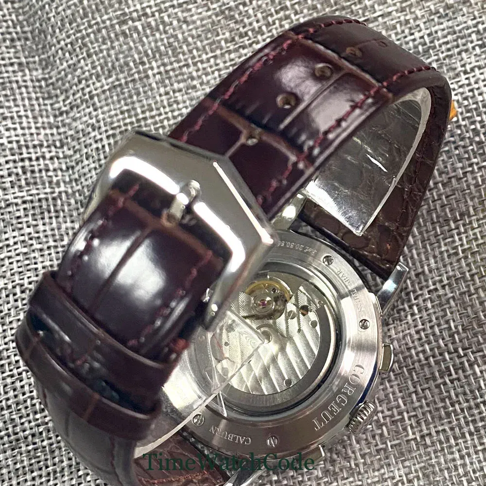 Color: grey - Corgeut 42mm Automatic Men's Watch Date Day Month Year Rose Gold Dial Multifunction 316L Leather Strap Polished Case Day Night