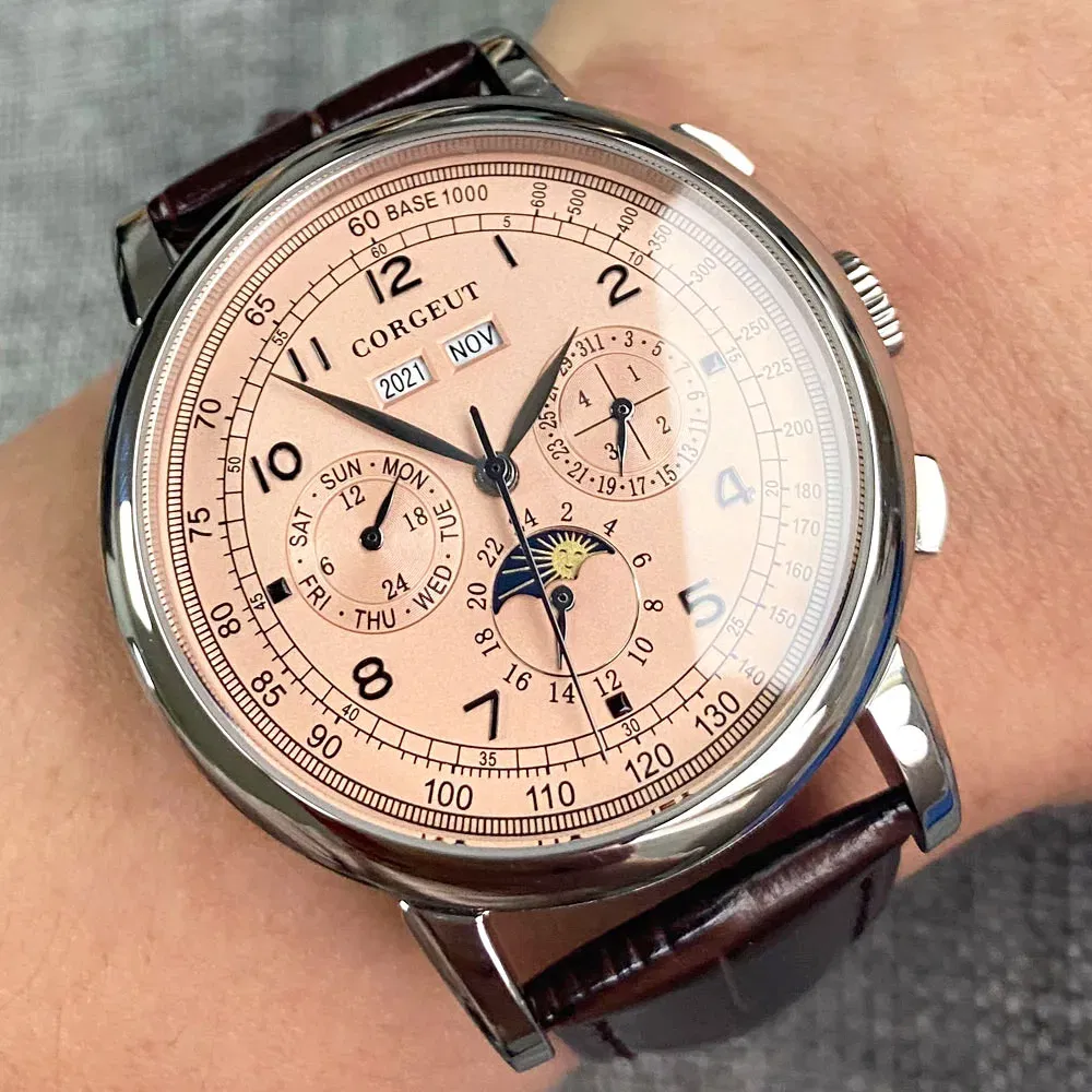 Color: grey - Corgeut 42mm Automatic Men's Watch Date Day Month Year Rose Gold Dial Multifunction 316L Leather Strap Polished Case Day Night