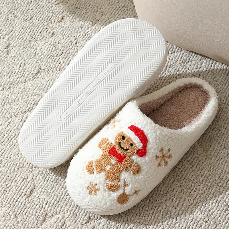 Shoe Size: 44-45, Color: Straw - Cute Gingerbread Winter Warm Christmas Women Slippers  Slides Couple Houseshoes Men Bedroom Flat Soft Sole Home Shoes for Gift