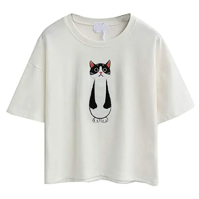 Color: green, Size: XL, Ships From: CHINA - 2021 Summer Cotton Short Sleeved Crop Top T-shirt Femme Embroidered Cat T Shirts Cartoon Women Fashion Cactus Top Tee T Shirt