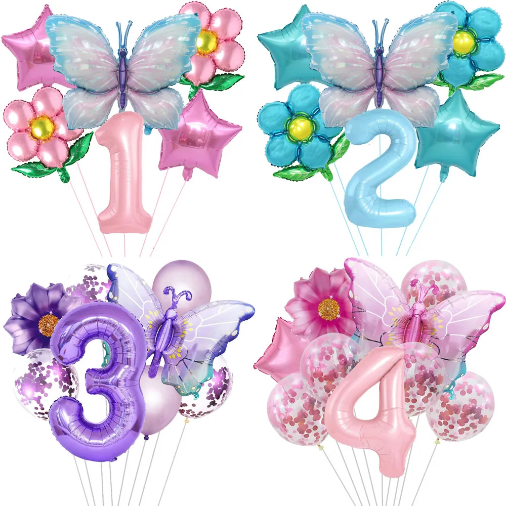 Color: green - Butterfly Balloon Set 32/40inch Number Balloon Princess Garden Decoration Girl Fairy Birthday Party Balloon