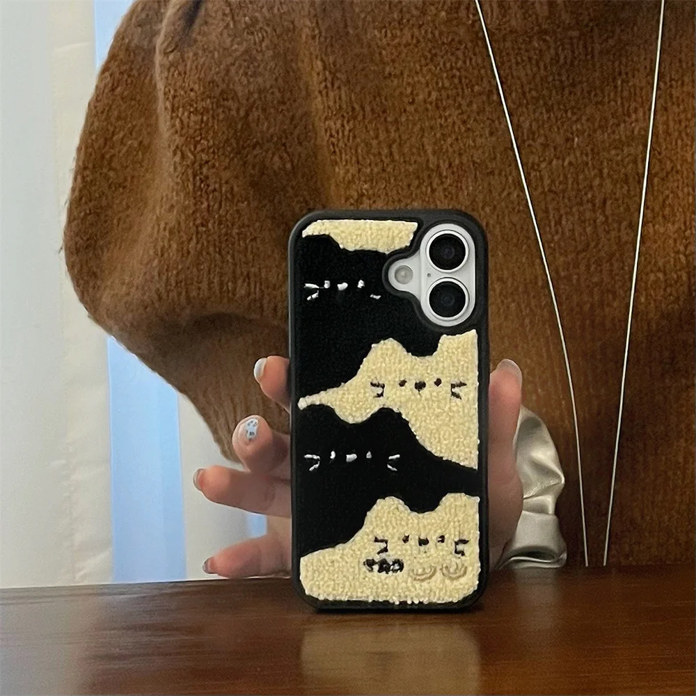 Color: Beige, Material: Cotton Fabric - Luxury Cartoon Embroidery Cute Dog Cats Colorful Dots Phone Case For iPhone 13 14 15 16 Pro Max Plush Winter Shockproof Cover