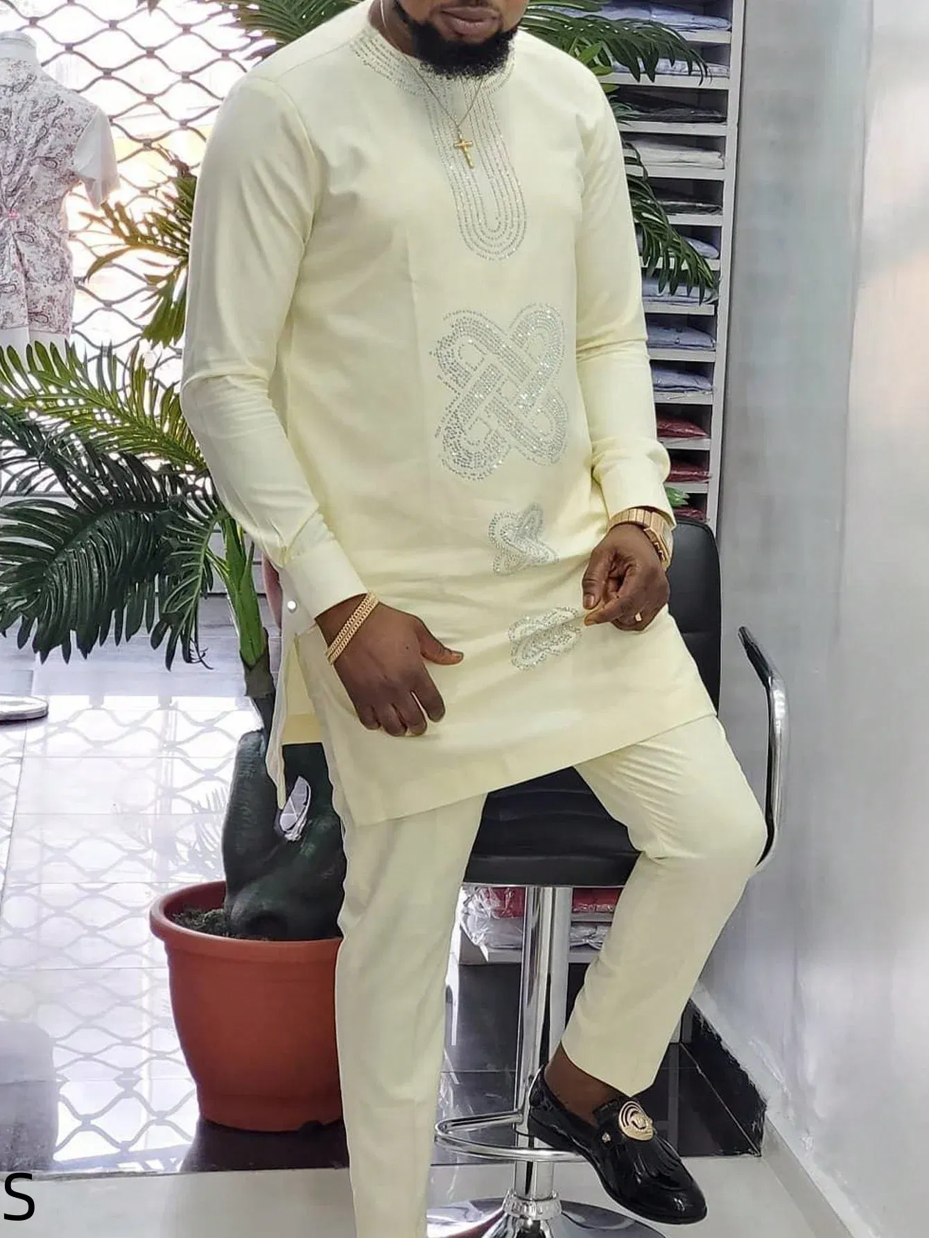 Color: SKY BLUE, Size: L - New Men's Tenos Wedding 2-Piece Suit Waist Pants Shirt Solid Color Panel Long Sleeve Party African Ethnic Style Clothing (M-4XL)