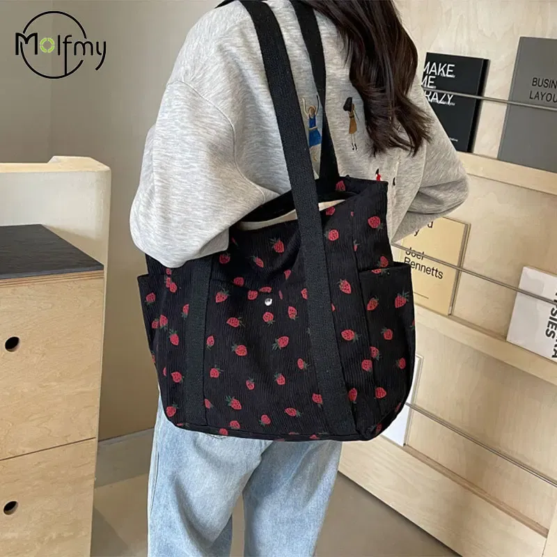 Color: SKY BLUE - Strawberries Corduroy Handbag Sweet Women's Bag Fashionable Versatile Shoulder Bag Beautiful Simple Commuter Women's Tote Bags