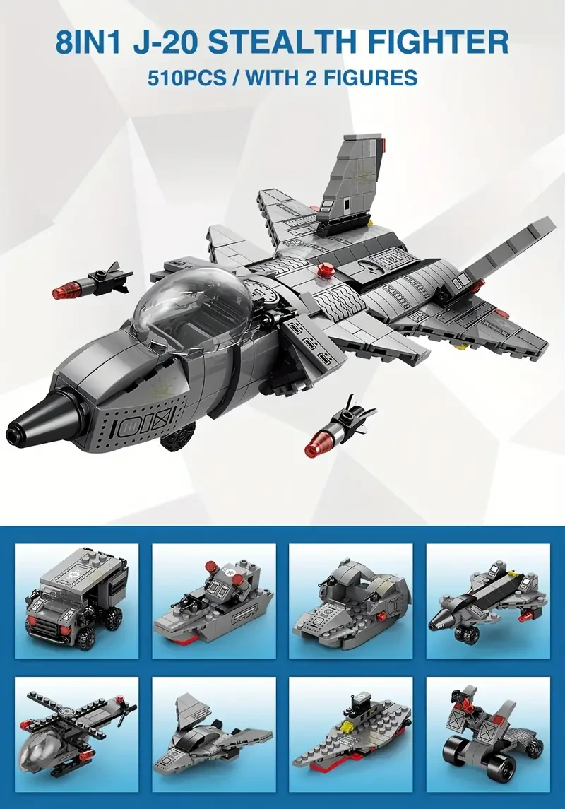 8 In 1 Educational Assembled Toys Military Series Aircraft Building Blocks Fighter Model