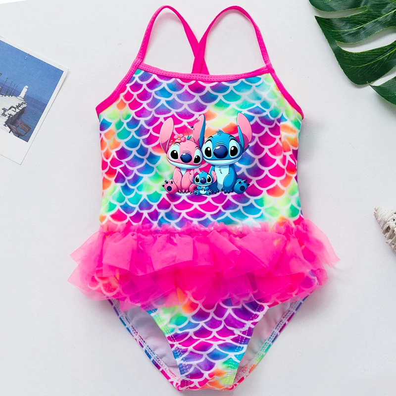 Color: SKY BLUE, Kid Size: 6M - Lilo Stitch Girl Swimsuit Summer One-Piece Swimwear Beachwear Pool Mermaid Fish Scale Print Bikini Bathing Outfit Swimming Wear