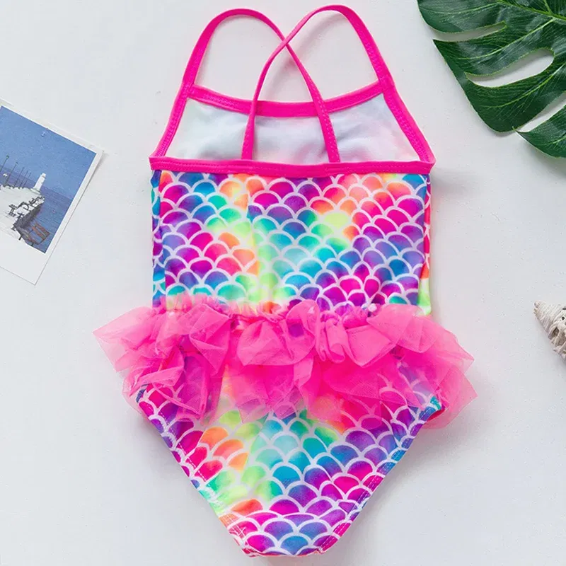 Color: SKY BLUE, Kid Size: 6M - Lilo Stitch Girl Swimsuit Summer One-Piece Swimwear Beachwear Pool Mermaid Fish Scale Print Bikini Bathing Outfit Swimming Wear