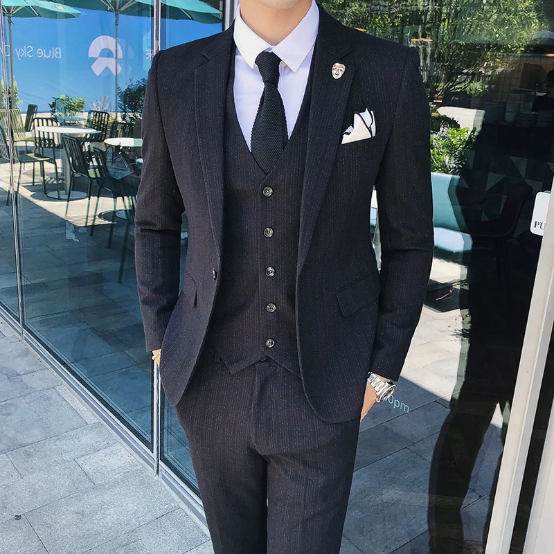 Color: Turquoise, Size: XXXL - Gray Men Classic Striped/Checked Suits, Business Office 3 Piece, Asian Size Slim Fit Men Dress Jacket & Pants with Vest, S-4XL