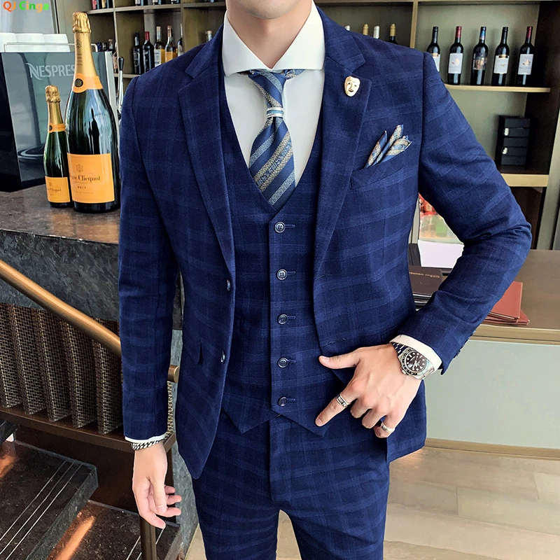 Color: army green, Size: XXL - Gray Men Classic Striped/Checked Suits, Business Office 3 Piece, Asian Size Slim Fit Men Dress Jacket & Pants with Vest, S-4XL
