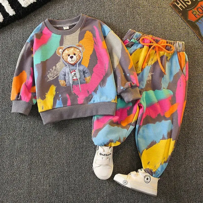 Color: Orange, Kid Size: 6, Ships From: CHINA - Spring Toddle Baby Clothes Set Fashion Graffiti Sweater and Pant Outfit Children Boy Girl Cartoon Bear Top and Bottom Tracksuit