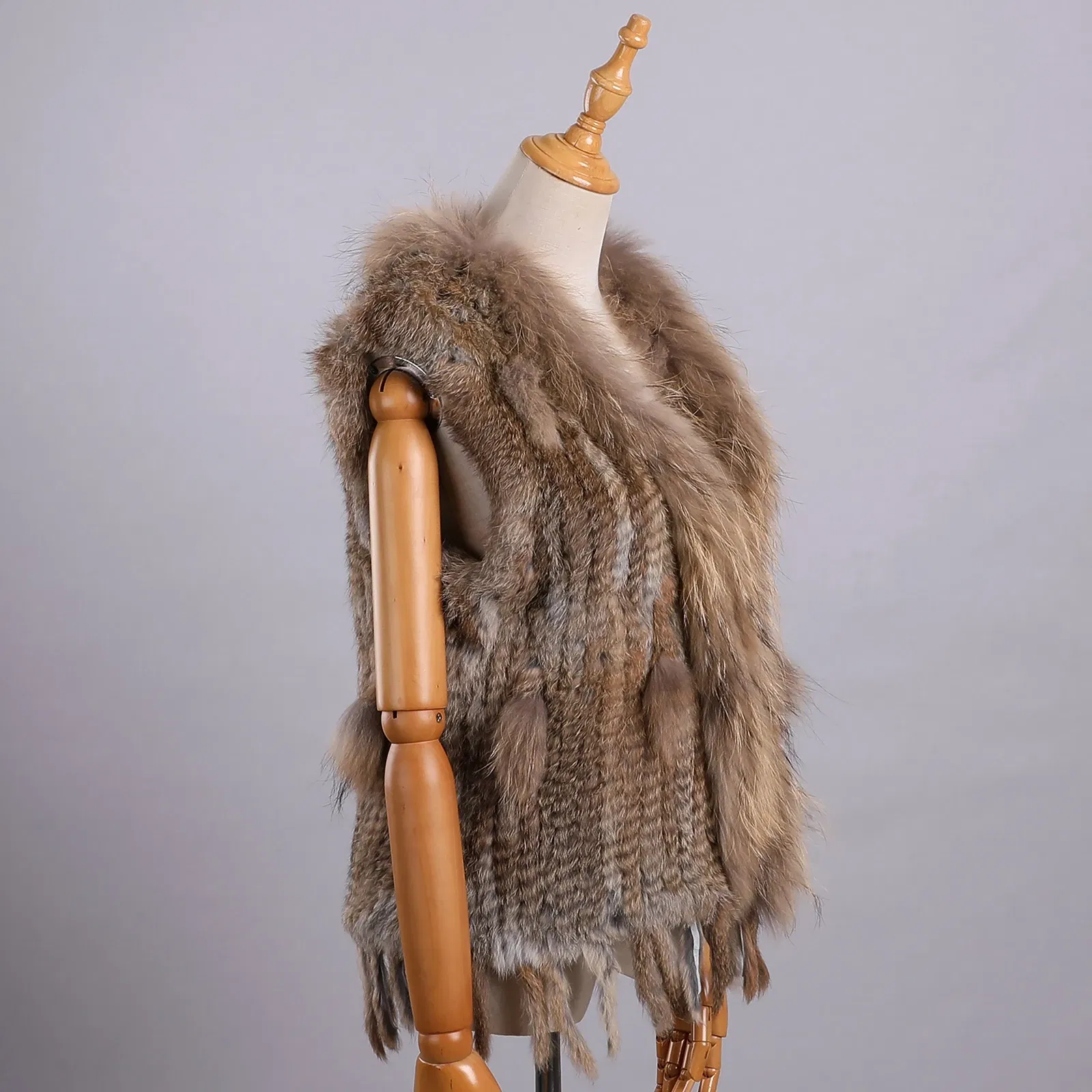Color: green, Size: XL - Luxury Women's Genuine Premium Long Hair Rabbit Fur Knit Vest Raccoon Fur Trim Gilet Lady Sleeveless Waistcoat Real Fur Jacket