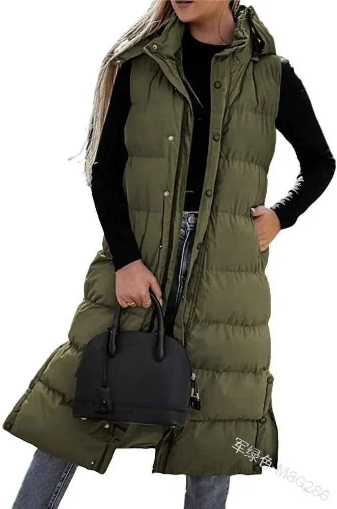 Color: army green, Size: S - Hooded Zipper Jacket Women Oversize Waistcoat Winter Outerwear Hooded Parka Fashion Quilted Vest Casual
