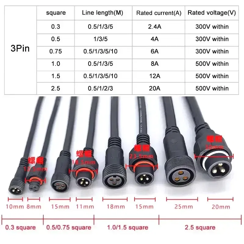 Color: Lavender, Pins: 3P - 3Pin Waterproof Extension Cable 0.3/0.5/0.75/1.0/1.5/2.5 square meter Outdoor LED Plug Male to Female Aviation Power Connector