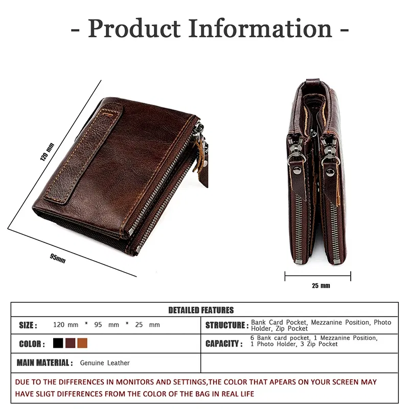 Color: Gold - Genuine Leather Short Men RFID Wallets Name Engraving Leather Card Holder Brand Men Purse Retro Coin Pocket Zipper Male Wallet