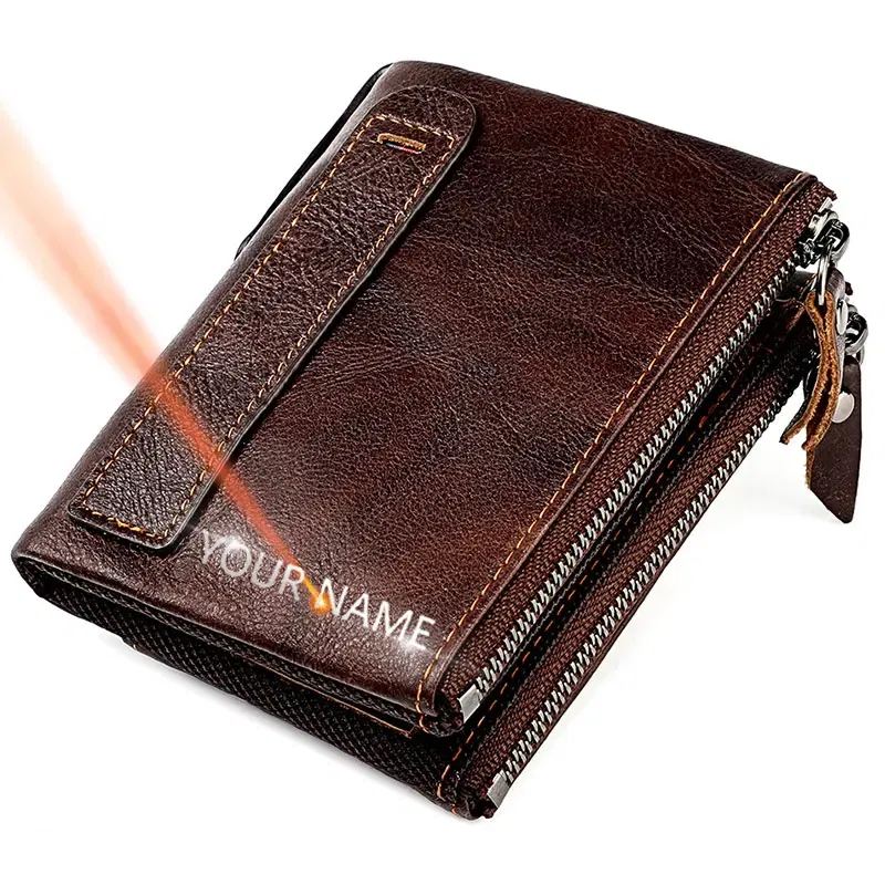 Color: Gold - Genuine Leather Short Men RFID Wallets Name Engraving Leather Card Holder Brand Men Purse Retro Coin Pocket Zipper Male Wallet