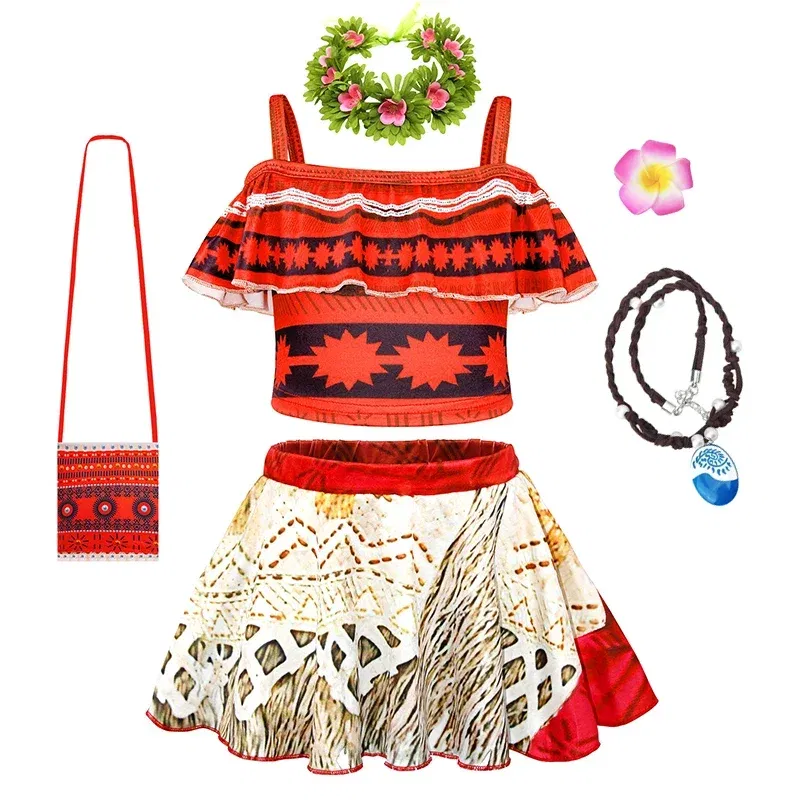 Color: Brown, Kid Size: 18M - Moana 2 Swimsuit Summer Holiday Beach Girls Two-piece Bikini Toddler Adventure Outfit Pool Party Vaiana Fancy Dress Up