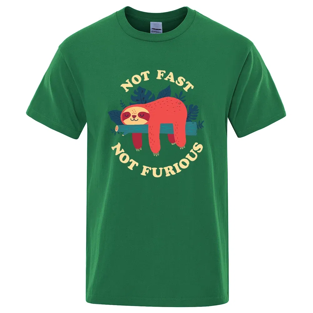 Color: green, Size: XXXL - Not Fast Not Furious Sloth Cute Print Men Tee Shirts Breathable Cotton Tops Street Fashion T-shirt Women Casual Summer T Shirts