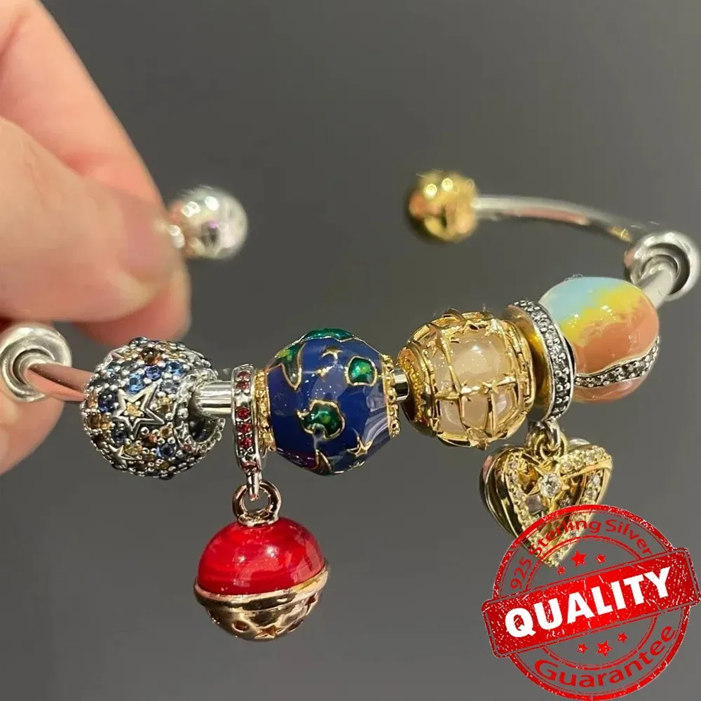 Gem Color: WHITE, Metal Color: Rhodium Plated - Luxury 925 Sterling Silver Sun & Moon Open Bangle Women Cuff Bracelet For Gold DIY Charm Jewelry Set Accessories Gift Making