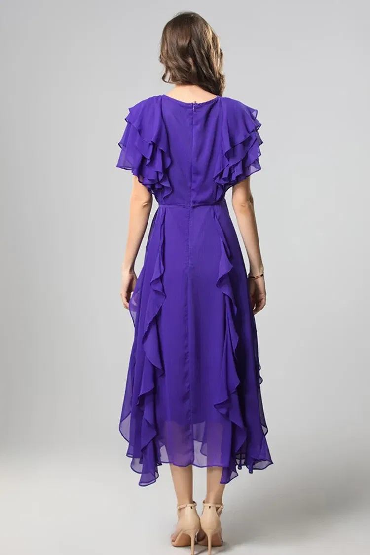 Color: Blue, Size: L, Ships From: CHINA - SEQINYY Elegant Midi Dress Summer Spring New Fashion Design Women Runway Short Sleeve Ruffles Cascading High Street Casual