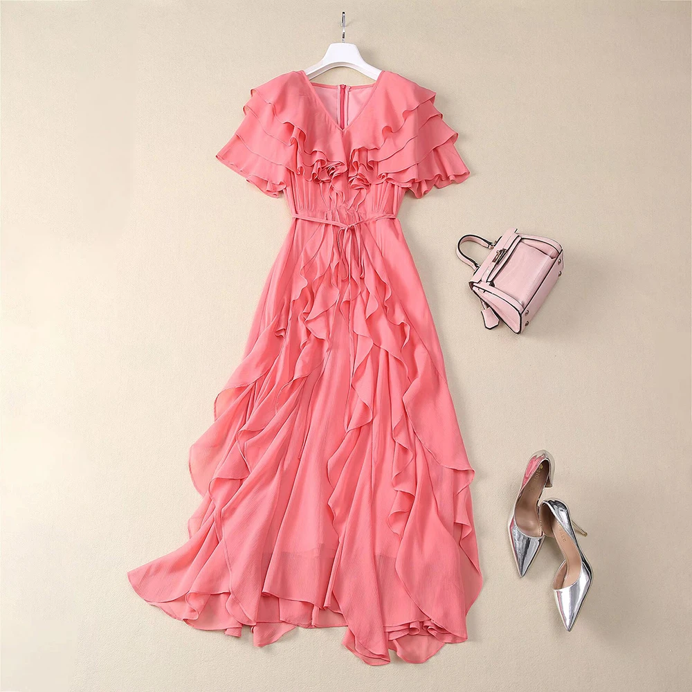 Color: Blue, Size: L, Ships From: CHINA - SEQINYY Elegant Midi Dress Summer Spring New Fashion Design Women Runway Short Sleeve Ruffles Cascading High Street Casual