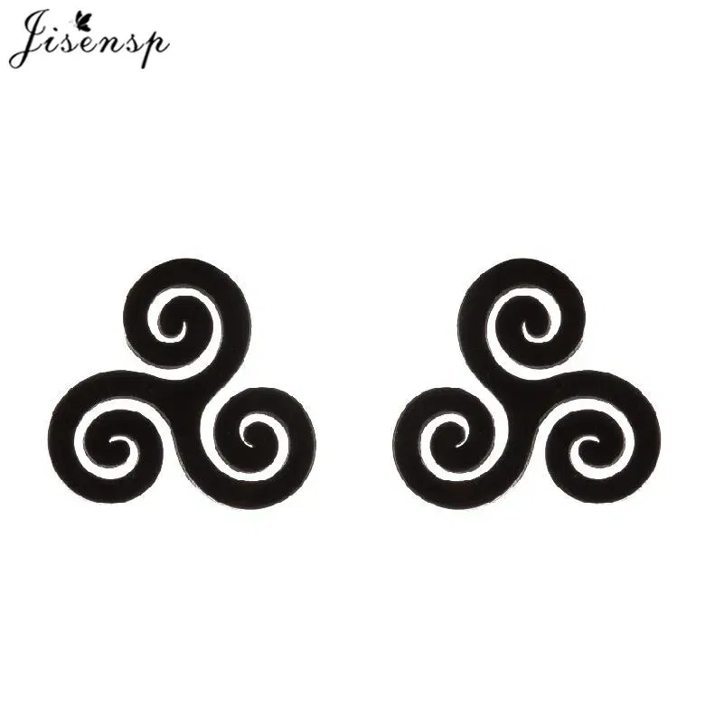 Metal Color: Black Zinc Plated, Main Stone Color: WHITE - Cartoon The Movie Teen Wolf Triskele Triskelion Inspired Earrings Punk Stainless Steel Jewelry Triple Spiral Ear Studs Women Men