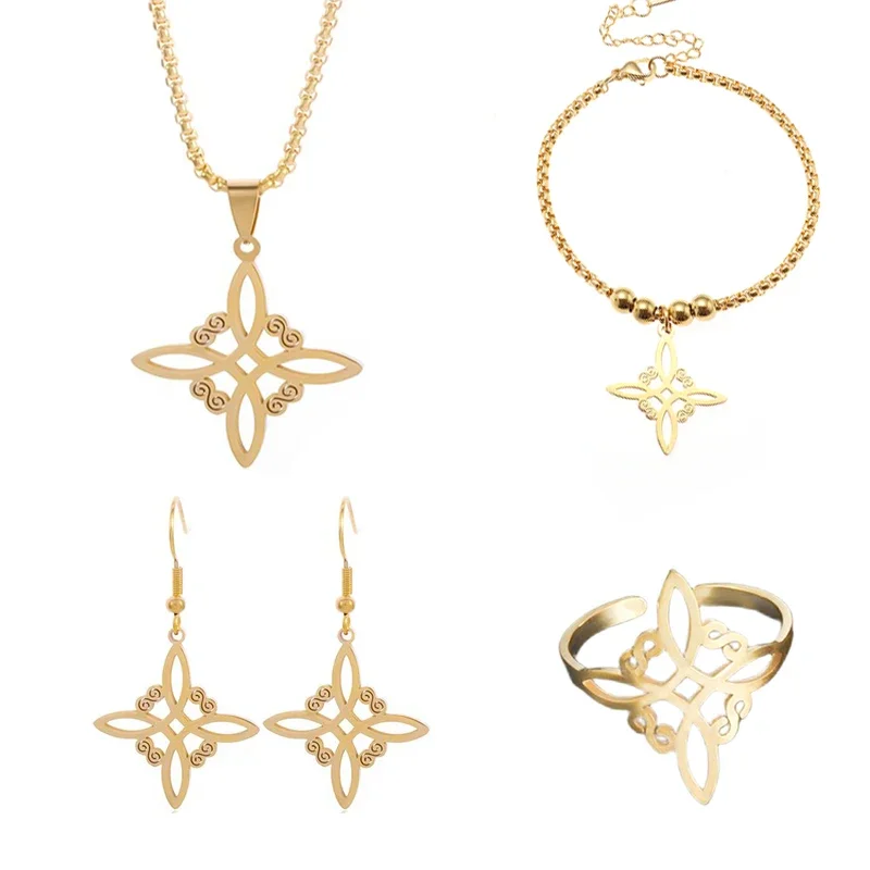 Metal color: Dark Red - Witch Knot Cuff Stainless Steel Pagan Witchcraft Symbols Magic Knot Women\'s Good Luck Amulet Bracelet Celtic Knot Bracelet