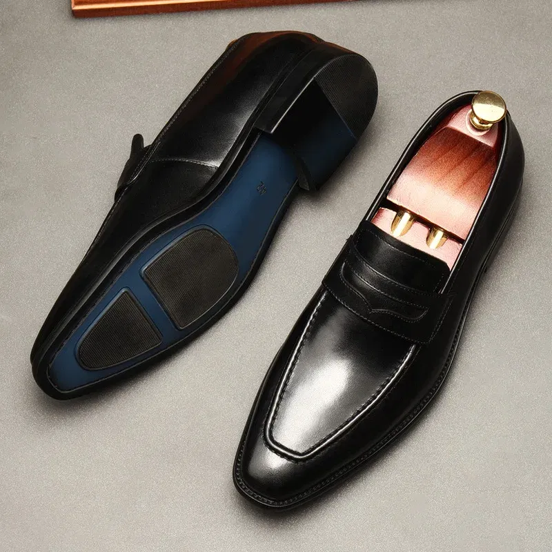 Color: black, Shoe Size: 6.5 - Large Size EUR37-46 Black / Brown Loafers Mens Business Dress Shoes Genuine Leather Prom Party Shoes