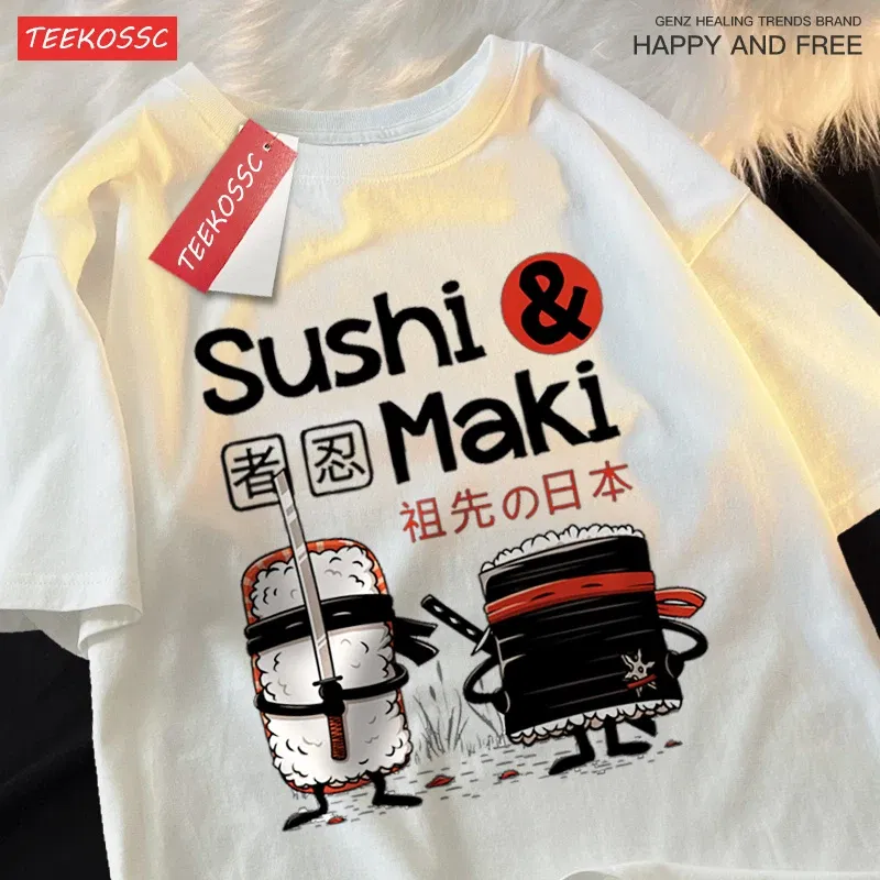 Color: WHITE, Size: M - Theduc Sushi And Sushi Printing Men Women Tshirt Cotton T-Shirts Loose T Shirt Crewneck Loose Tops Fashion Clothes Unisex