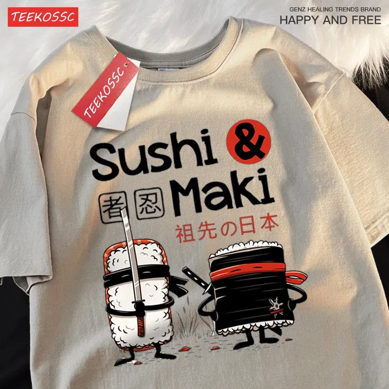 Color: WHITE, Size: M - Theduc Sushi And Sushi Printing Men Women Tshirt Cotton T-Shirts Loose T Shirt Crewneck Loose Tops Fashion Clothes Unisex