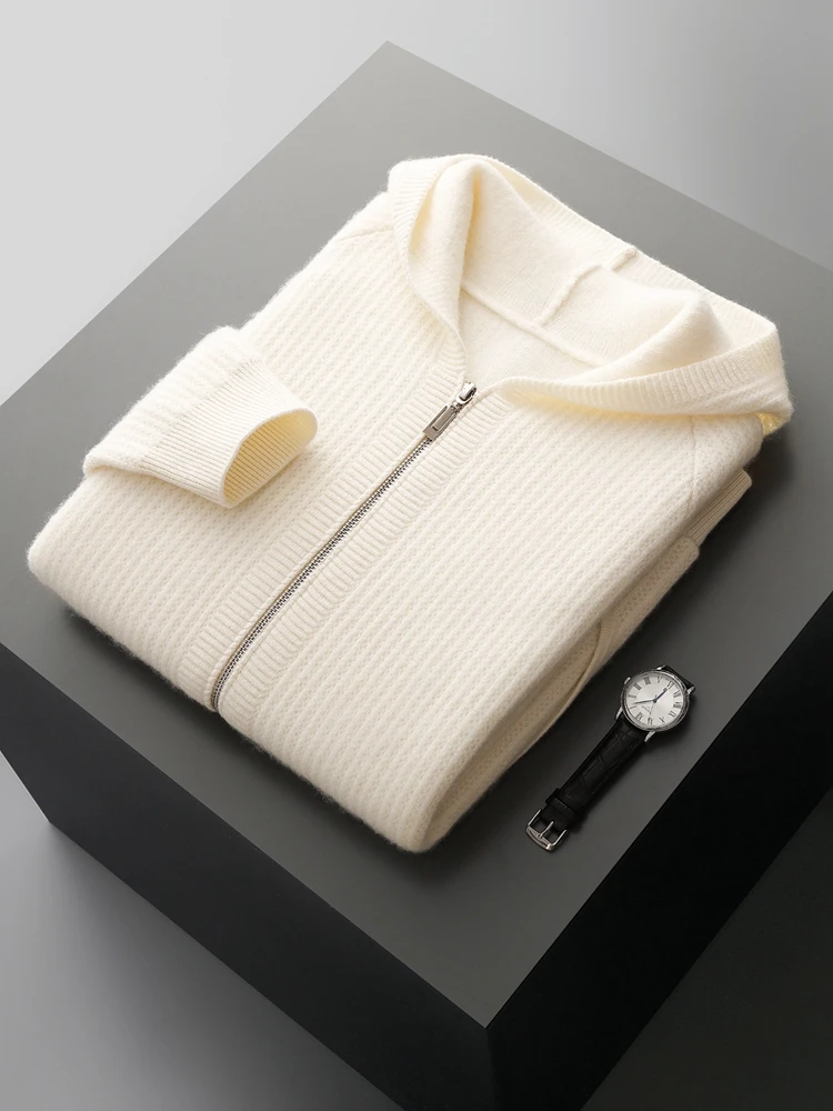 Color: WHITE, Size: M - Daily Clothes Autumn Winter Sweater Men's Coat 100% Merino Wool Sweater Cardigan Knitted Jacket Thicked Hooded Outerwears Trend
