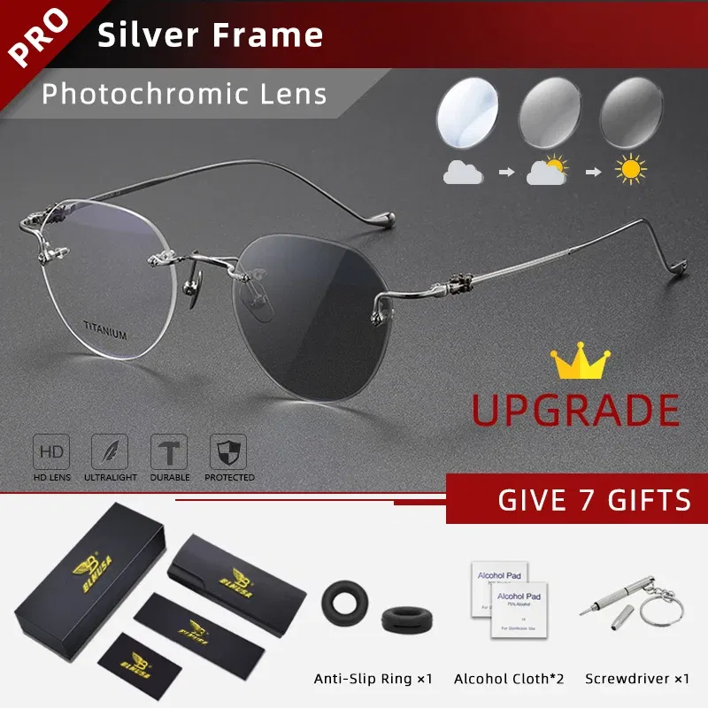 Frame Color: WHITE, Eye Prescription: +325 - BLMUSA Pure Titanium Rimless Anti-blue Light Reading Glasses for Men Round Photochromic Optical Prescription with MR-8 lens