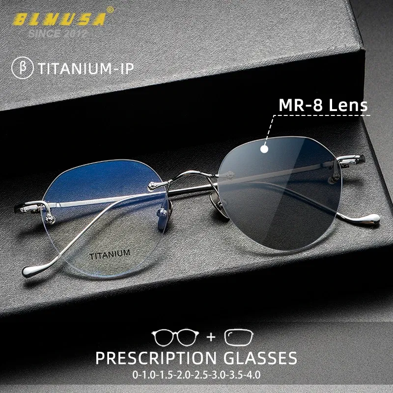 Frame Color: WHITE, Eye Prescription: +325 - BLMUSA Pure Titanium Rimless Anti-blue Light Reading Glasses for Men Round Photochromic Optical Prescription with MR-8 lens