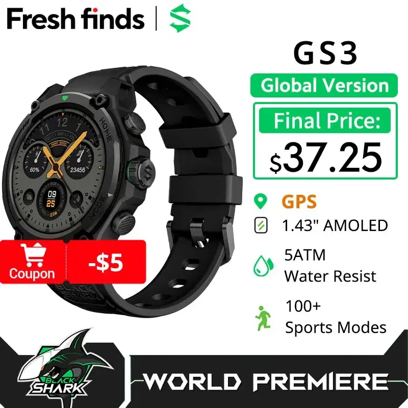 Color: Blue, Ships From: CHINA - [World Premiere]Blackshark GS3 Smart Watch Global Version 1.43"AMOLED Display GPS Satellite Positioning 21 Day Battery Life 5ATM
