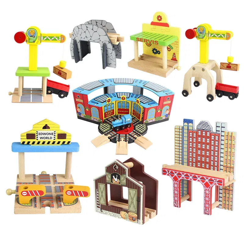 Color: camel - Wooden Bridge Tunnel Urban Rail Overpass Traffic Car Toy Scene Combined Train Rail Track Wooden Accessories Beech Turntable DIY