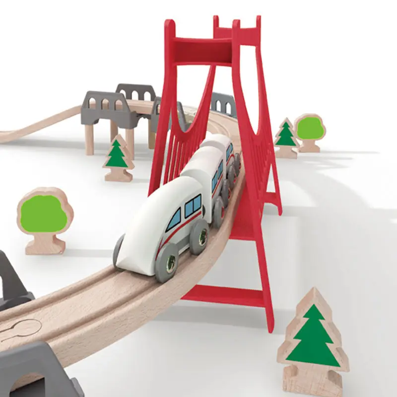 Color: camel - Wooden Bridge Tunnel Urban Rail Overpass Traffic Car Toy Scene Combined Train Rail Track Wooden Accessories Beech Turntable DIY