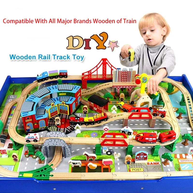 Color: camel - Wooden Bridge Tunnel Urban Rail Overpass Traffic Car Toy Scene Combined Train Rail Track Wooden Accessories Beech Turntable DIY